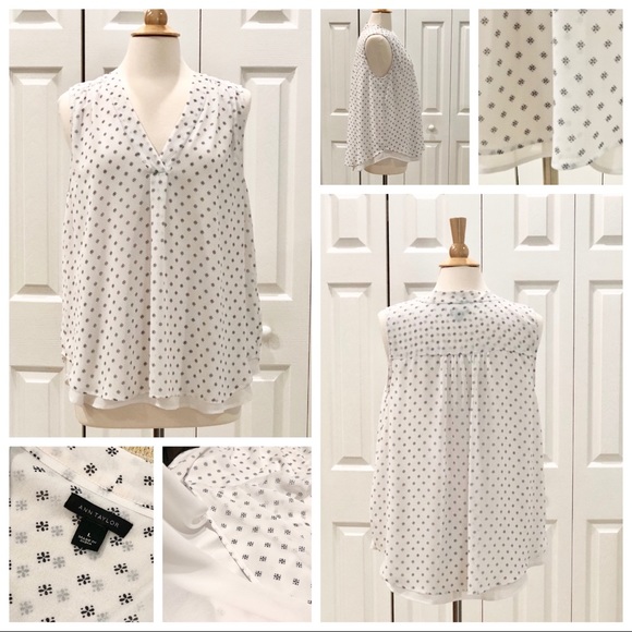 SOLD Ann Taylor 2Layer White Print Pleat Front Top - Picture 2 of 8